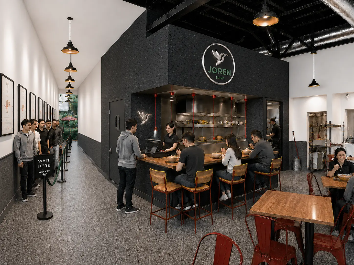 Proposed guest view of Joren's open kitchen, counter and hallway queue after entering