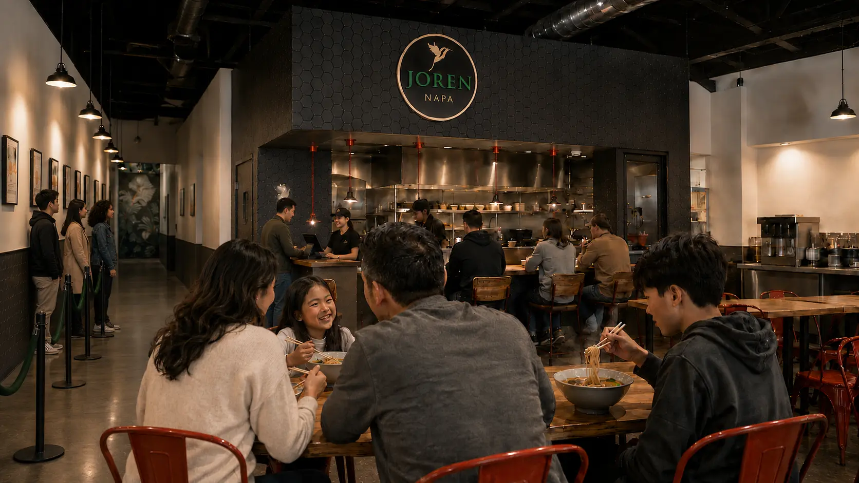 A family of four enjoying ramen in the Joren dining area while guests queue along the wall and another guest orders at the counter