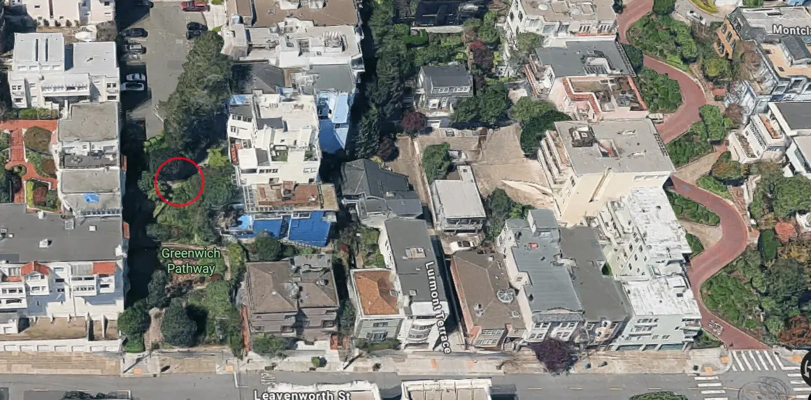 Aerial view of Greenwich Pathway near Lombard Street with the meeting bench location circled in red